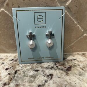 Enewton Sterling Silver Cross Stud Earrings with White Pearls New Elegant